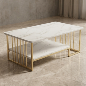 Premium rectangular white marble coffee table with luxury gold electroplated steel frame for modern living room decor. by Siddhivinayak Furnitures