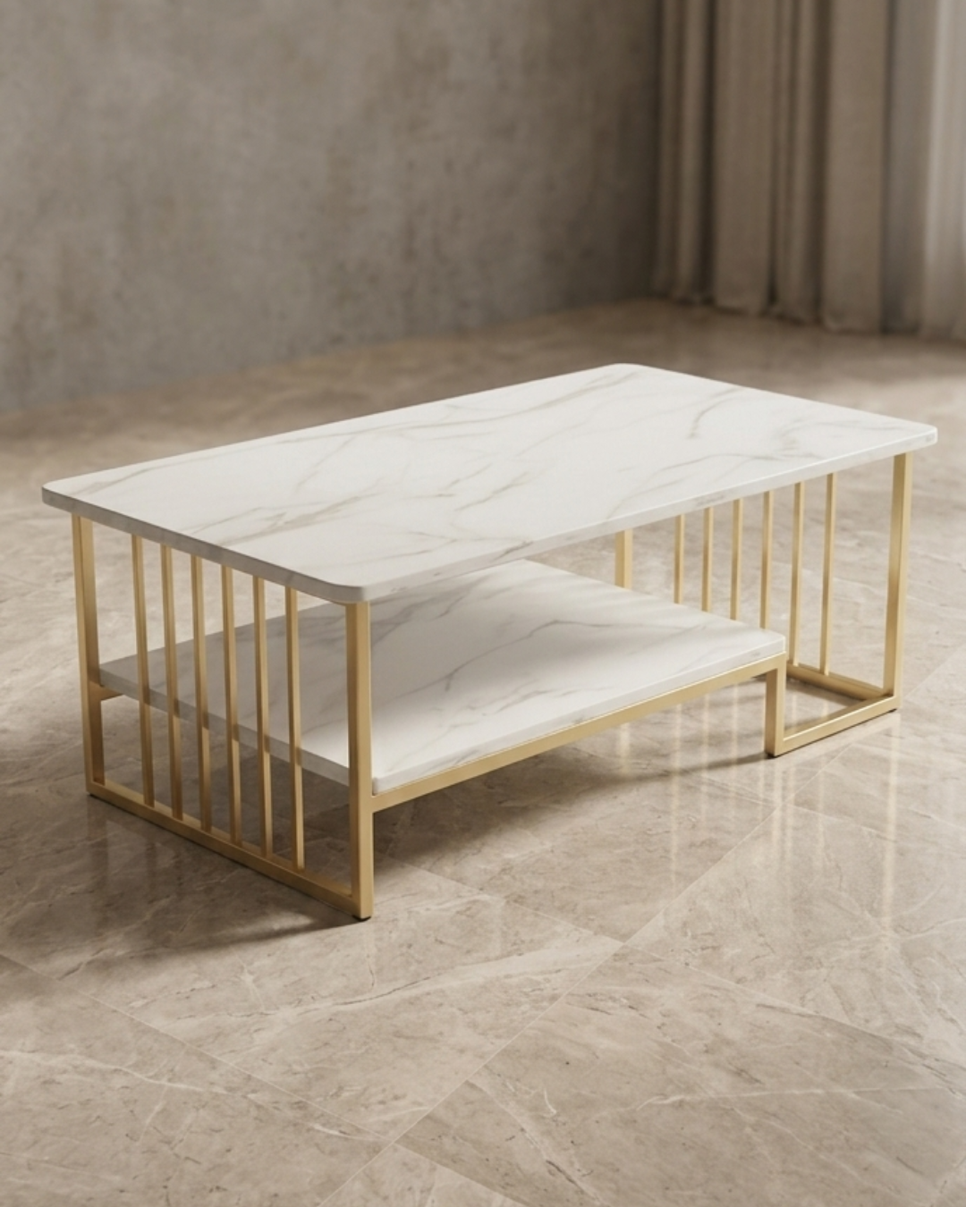 Premium rectangular white marble coffee table with luxury gold electroplated steel frame for modern living room decor. by Siddhivinayak Furnitures