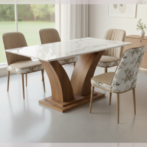 Siddhivinayak Furnitures Premium 4 Seater Marble Dining Set with floral printed back chairs and curved wooden pedestal base.