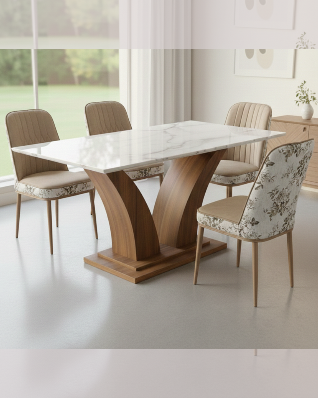 Siddhivinayak Furnitures Premium 4 Seater Marble Dining Set with floral printed back chairs and curved wooden pedestal base.