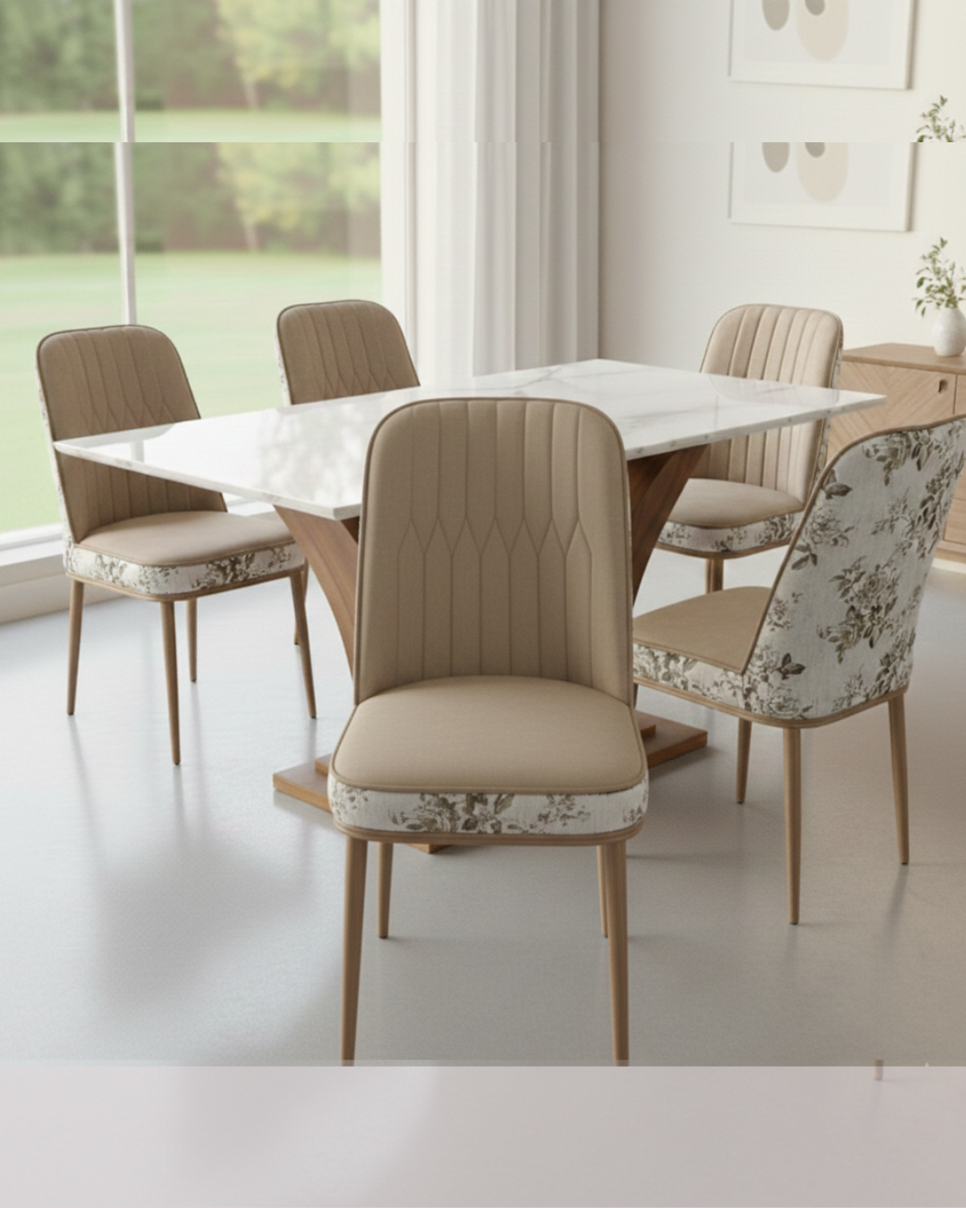 Siddhivinayak Furnitures Premium 4 Seater Marble Dining Set with floral printed back chairs and curved wooden pedestal base.