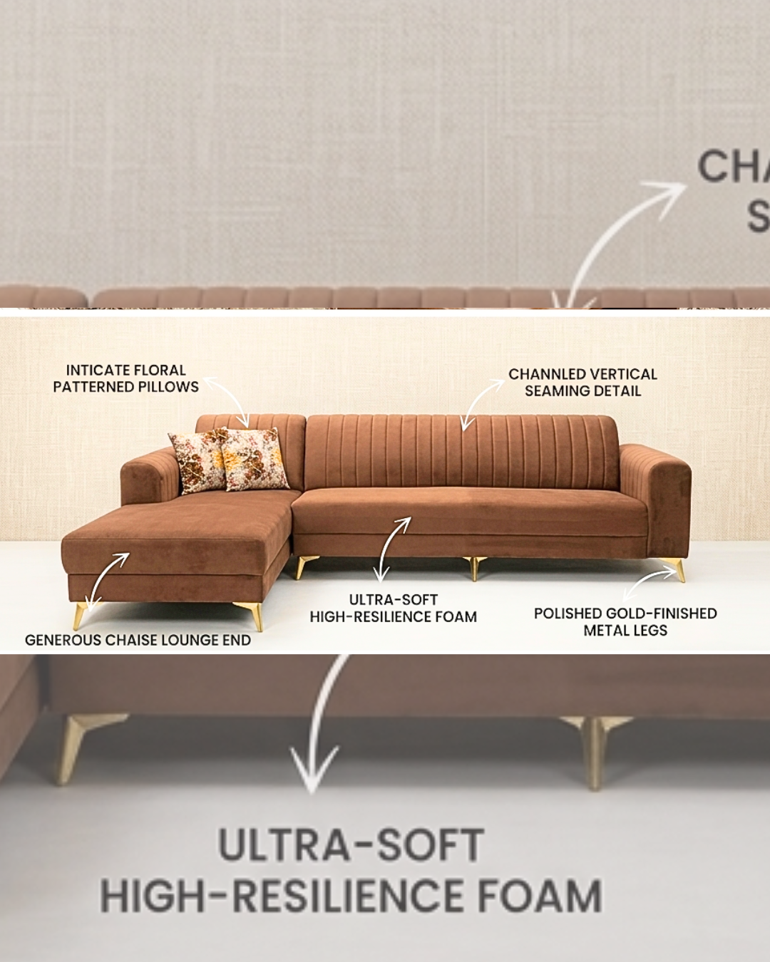 Luxury Velvet L Shape Sofa in premium brown velvet upholstery with polished gold metal legs