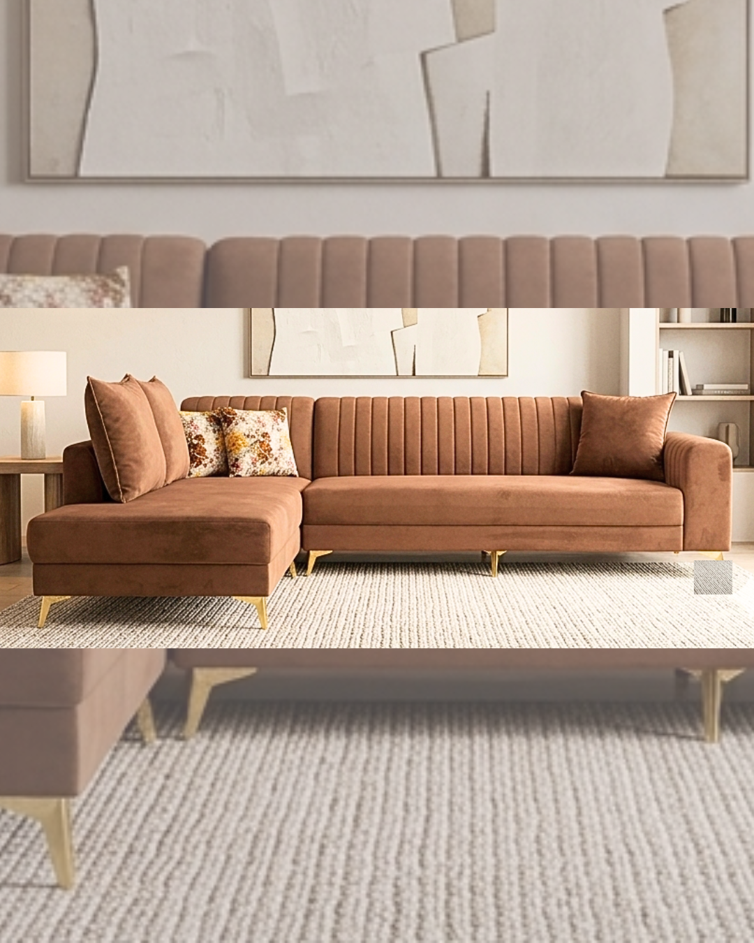 Luxury Velvet L Shape Sofa in premium brown velvet upholstery with polished gold metal legs