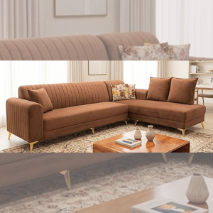 Luxury Velvet L Shape Sofa in premium brown velvet upholstery with polished gold metal legs