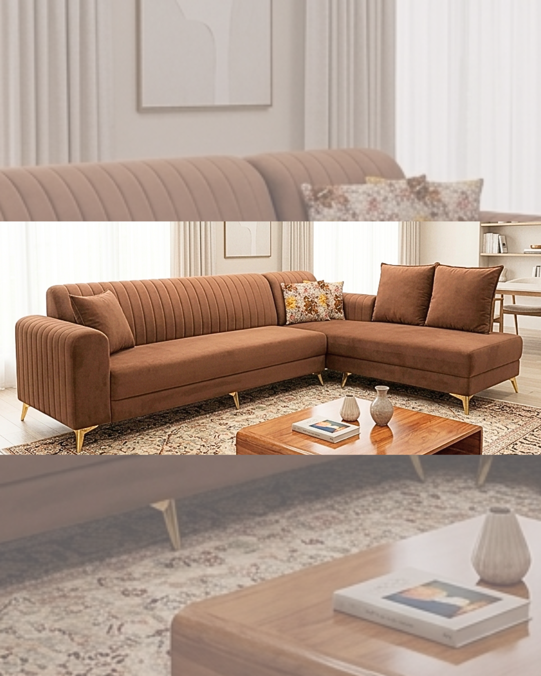 Luxury Velvet L Shape Sofa in premium brown velvet upholstery with polished gold metal legs