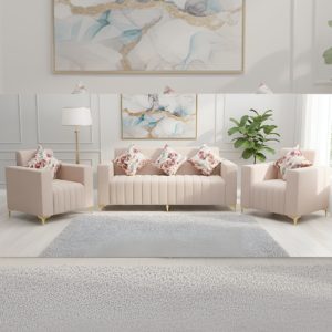 Modern Designer 6-Seater Sectional Sofa Set by Siddhivinayak Furnitures featuring a spacious L-shaped grey fabric design and polished metal legs in a luxury living room setting.