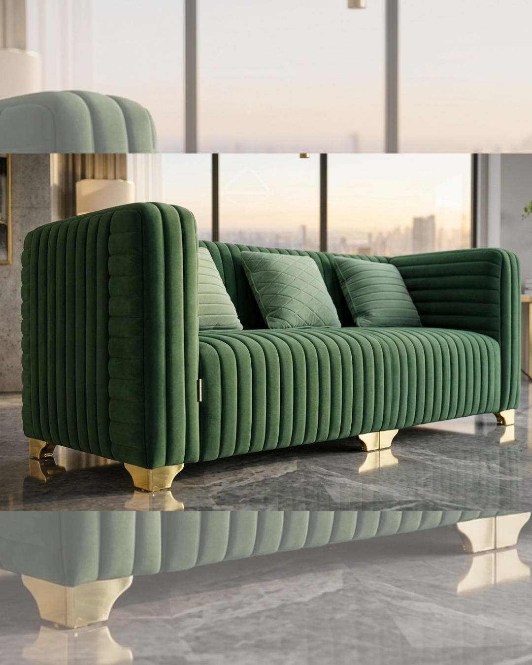 Luxurious Green Velvet Sofa Set by Siddhivinayak Furnitures with vertical channel tufting and gold metal legs in a modern luxury living room setting.