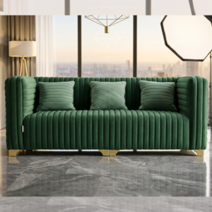 Luxurious Green Velvet Sofa Set by Siddhivinayak Furnitures with vertical channel tufting and gold metal legs in a modern luxury living room setting.
