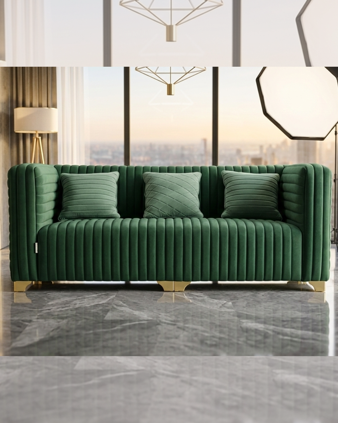 Luxurious Green Velvet Sofa Set by Siddhivinayak Furnitures with vertical channel tufting and gold metal legs in a modern luxury living room setting.
