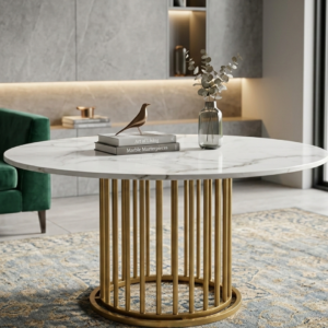 Luxury Marble Top Coffee Table by Siddhivinayak Furnitures featuring a dual-tier white marble design and a modern gold metal slatted frame for a luxury living room.