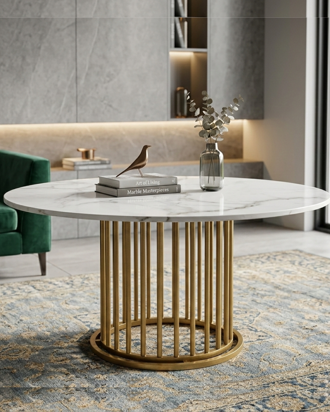 Luxury Marble Top Coffee Table by Siddhivinayak Furnitures featuring a dual-tier white marble design and a modern gold metal slatted frame for a luxury living room.