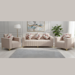 Modern Designer 6-Seater Sectional Sofa Set by Siddhivinayak Furnitures featuring a spacious L-shaped grey fabric design and polished metal legs in a luxury living room setting.