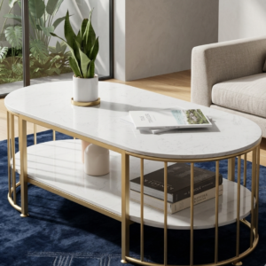 Modern Marble Top Gold Metal Coffee Table with Dual-Tier Storage and Vertical Slat Design BY Siddhivinayak Furnitures