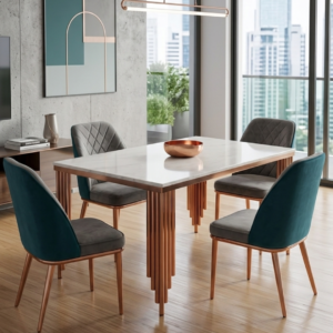 Modern metal dining set with white marble top table and four dual-tone velvet luxury chairs