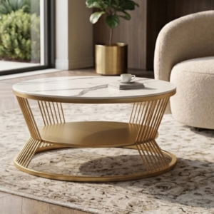 Two-tier round coffee table diagram showing premium marble surface and gold-finished steel frame specifications