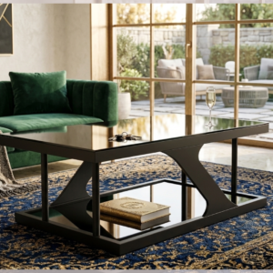 Luxury two-tier black geometric center table with high gloss mirrored surface and matte steel frame