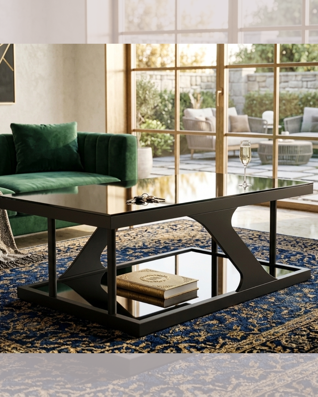 Luxury two-tier black geometric center table with high gloss mirrored surface and matte steel frame