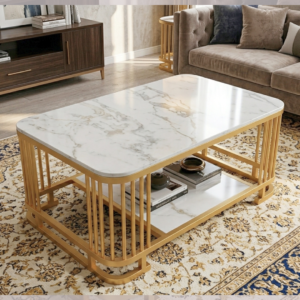 Luxury Marble Coffee Table with gold frame and dual-tier storage shelf in a modern living room setting