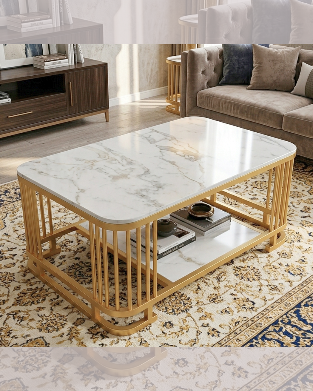Luxury Marble Coffee Table with gold frame and dual-tier storage shelf in a modern living room setting