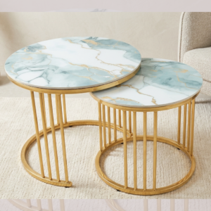 Nesting round marble center table set with ocean blue patterns and polished gold metal rod frames
