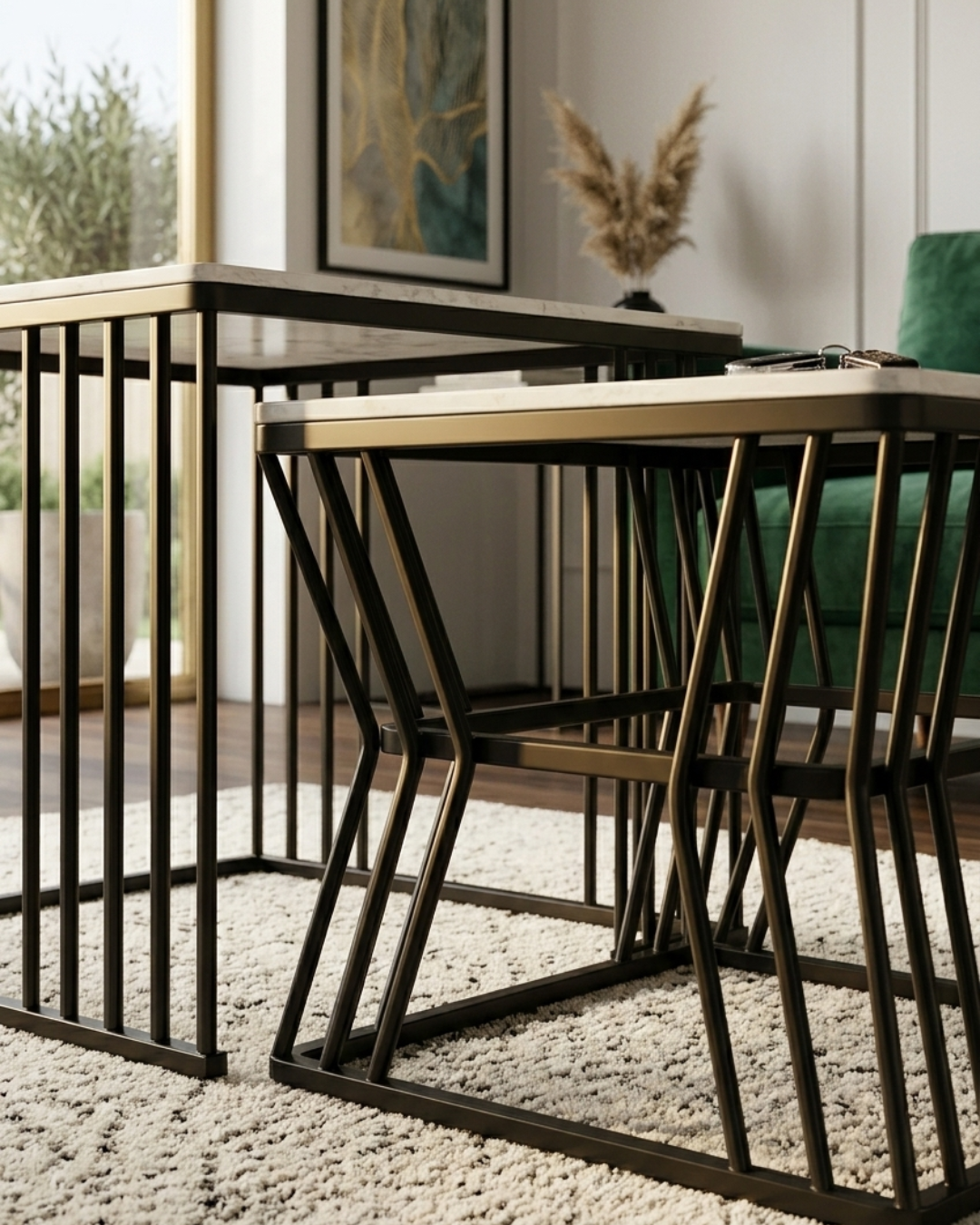 Square nesting marble center table set with white marble-effect top and matte black wireframe metal rod bases by Siddhivinayak Furnitures