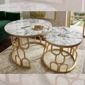 Round nesting marble center table set with premium white marble top and arched geometric gold metal frame