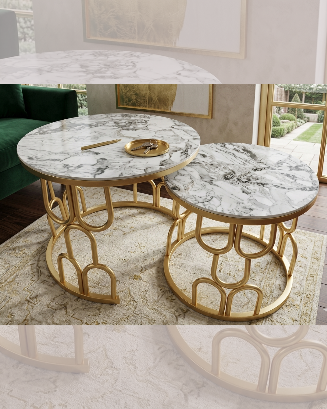 Round nesting marble center table set with premium white marble top and arched geometric gold metal frame