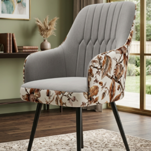 Premium velvet accent dining chair with grey quilted seat and vintage floral pattern back upholstery on black tapered metal legs