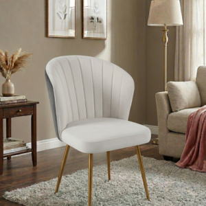 Modern Velvet Dining Chair with white front upholstery and grey back, featuring gold metal legs in a home setting