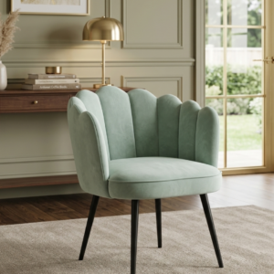 Scalloped velvet accent chair in mint green with vertical sea shell tufting and matte black metal legs