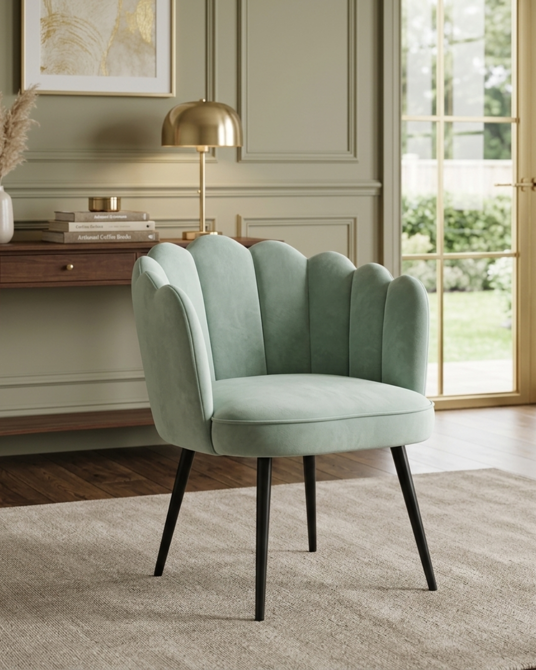Scalloped velvet accent chair in mint green with vertical sea shell tufting and matte black metal legs