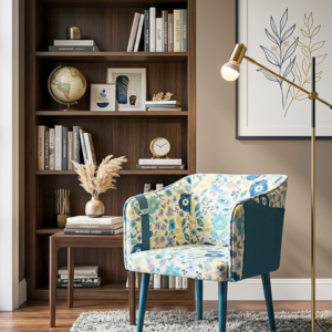 Front view of a stylish Floral Accent Teal Armchair with ergonomic design.