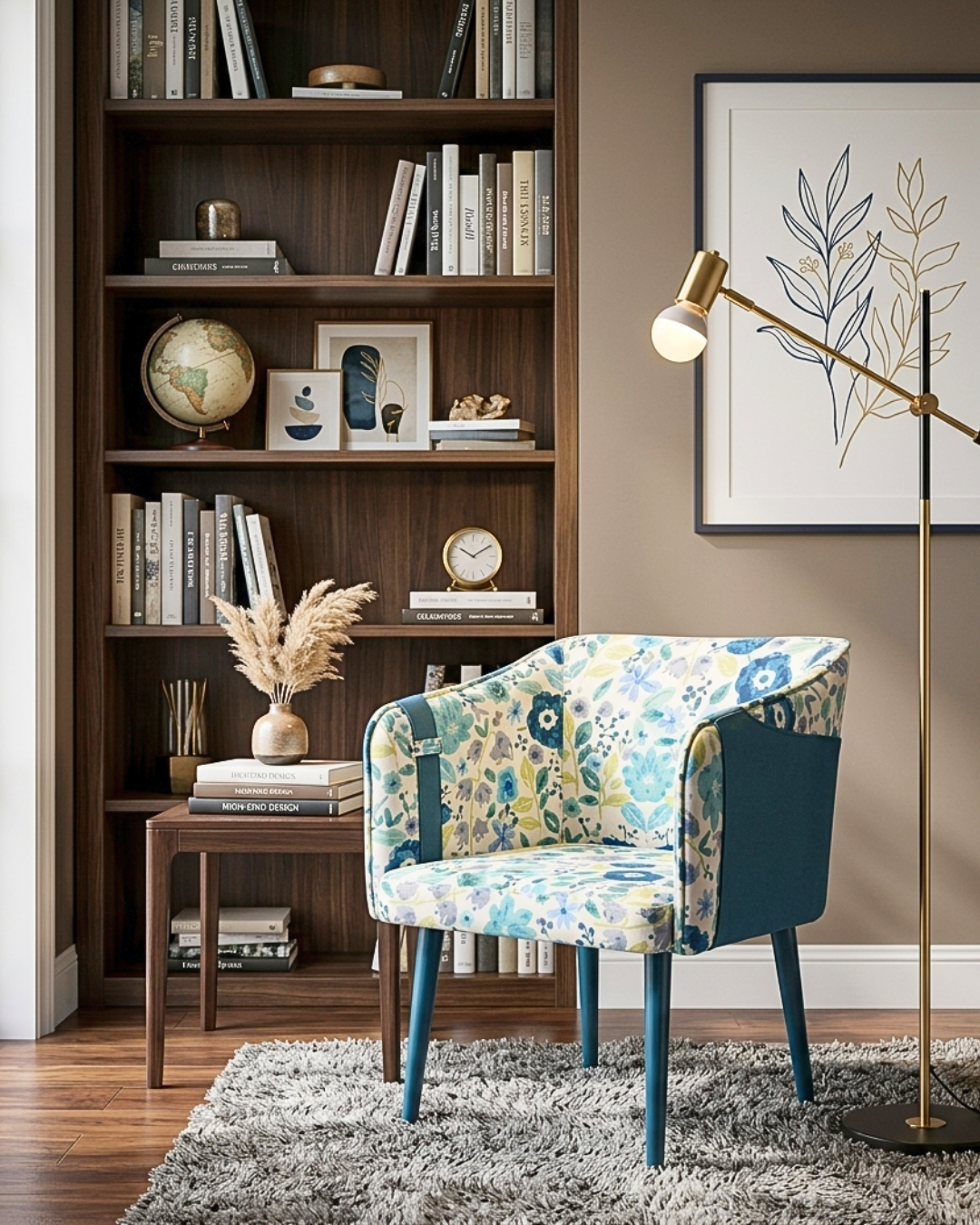 Front view of a stylish Floral Accent Teal Armchair with ergonomic design.