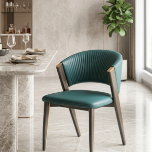 Premium metal dining chair with fluted teal green leatherette backrest and gold metallic trim viewed from the side profile.