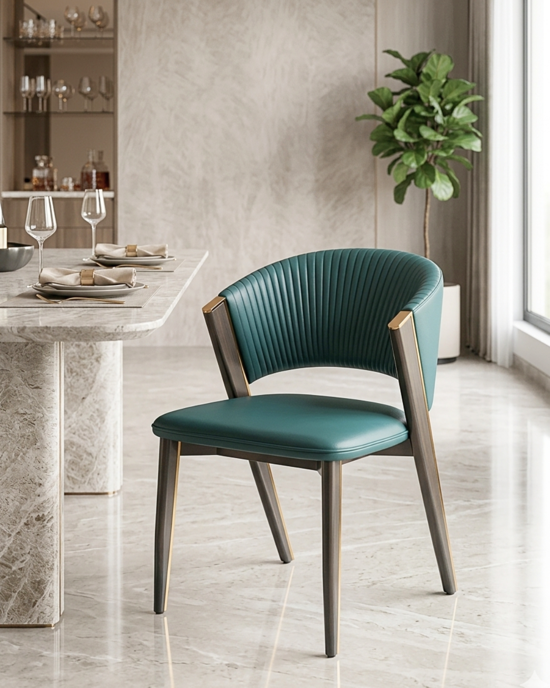 Premium metal dining chair with fluted teal green leatherette backrest and gold metallic trim viewed from the side profile.