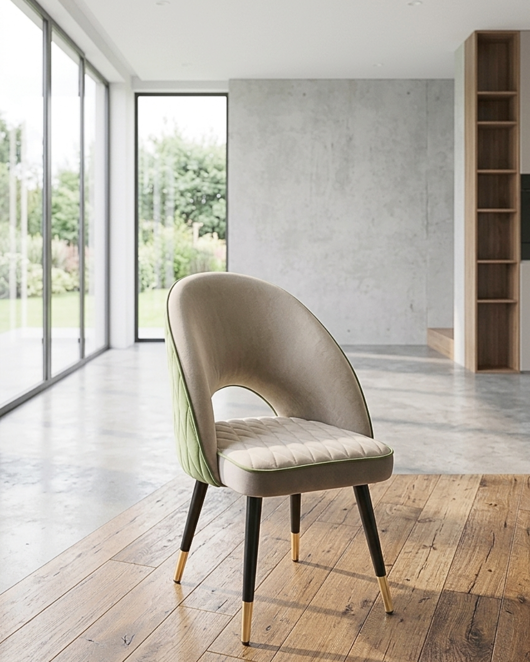 Modern Velvet Chair with green upholstery and black-gold legs in a home setting.