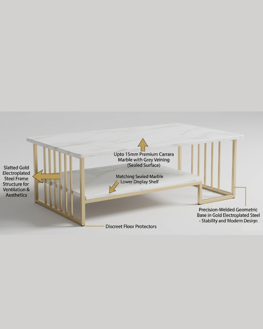 Premium rectangular white marble coffee table with luxury gold electroplated steel frame for modern living room decor. by Siddhivinayak Furnitures