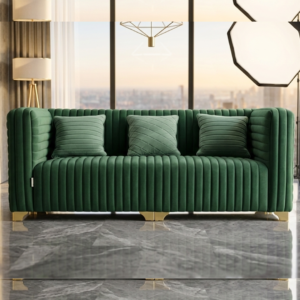 Luxurious Green Velvet Sofa Set by Siddhivinayak Furnitures with vertical channel tufting and gold metal legs in a modern luxury living room setting.