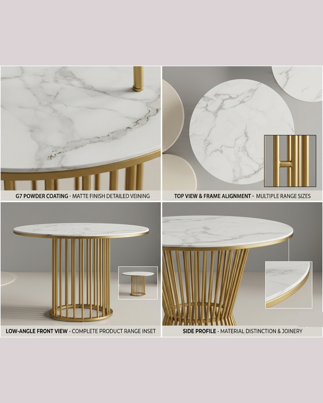 Luxury Marble Top Coffee Table by Siddhivinayak Furnitures featuring a dual-tier white marble design and a modern gold metal slatted frame for a luxury living room.