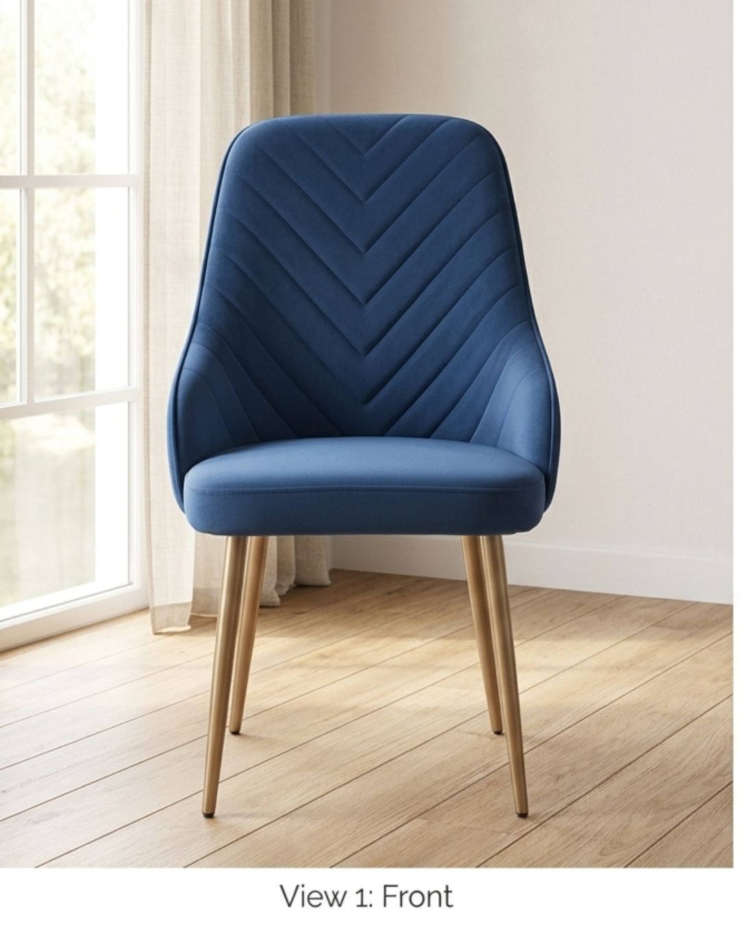 Premium Metal Dining Chair with Navy Blue Velvet Upholstery and Gold Metal Legs - Front and Back View