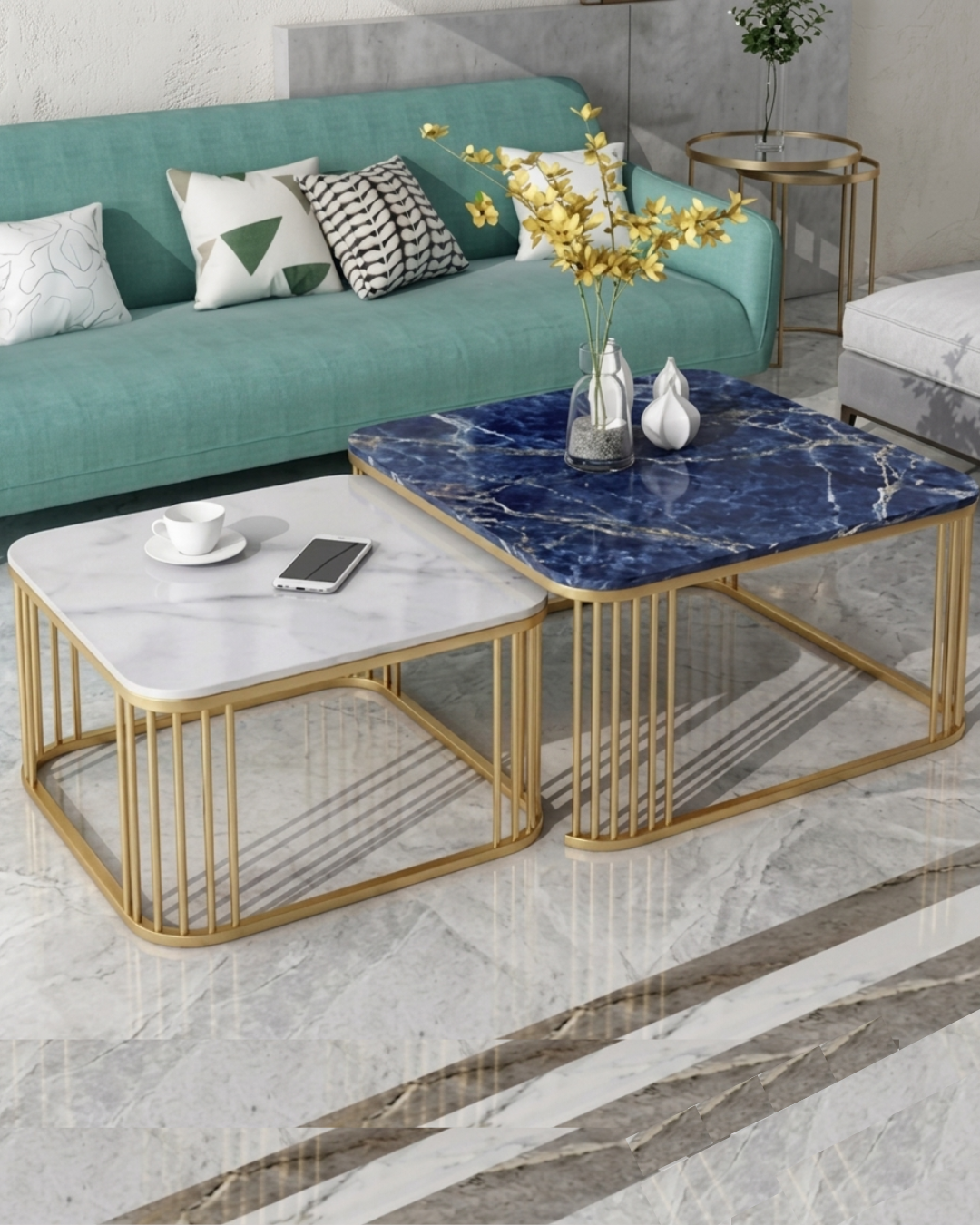 Modern-Luxury-Nesting-Coffee-Table-Set-with-Blue-and-White-Marble-Finish-Tops-and-Gold-Metal-Frame-Siddhivinayak-Furnitures