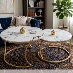 Luxury white marble and gold metal nesting coffee table set styled in a modern living room