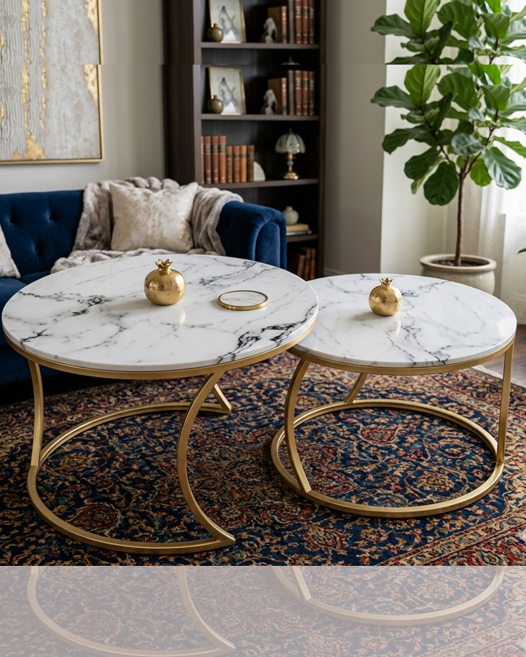 Luxury white marble and gold metal nesting coffee table set styled in a modern living room