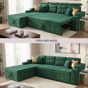 Luxury Velvet Sofa Cum Bed in emerald green velvet with integrated storage chaise and open pull-out sleeping platform