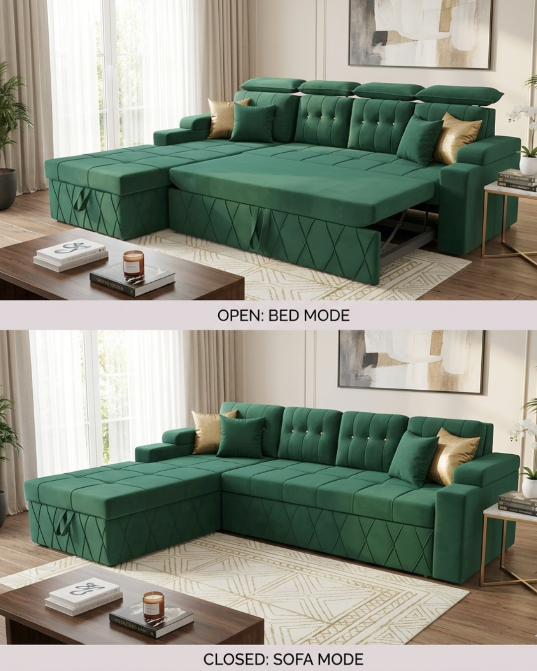 Luxury Velvet Sofa Cum Bed in emerald green velvet with integrated storage chaise and open pull-out sleeping platform