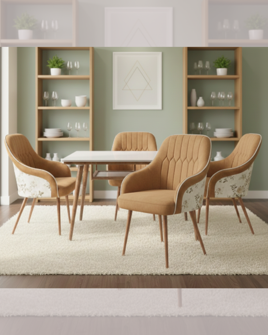 Luxury 4 Seater Dining Set with white marble-finish top, integrated under-table storage shelf, and three mustard yellow quilted chairs with floral back tapestry