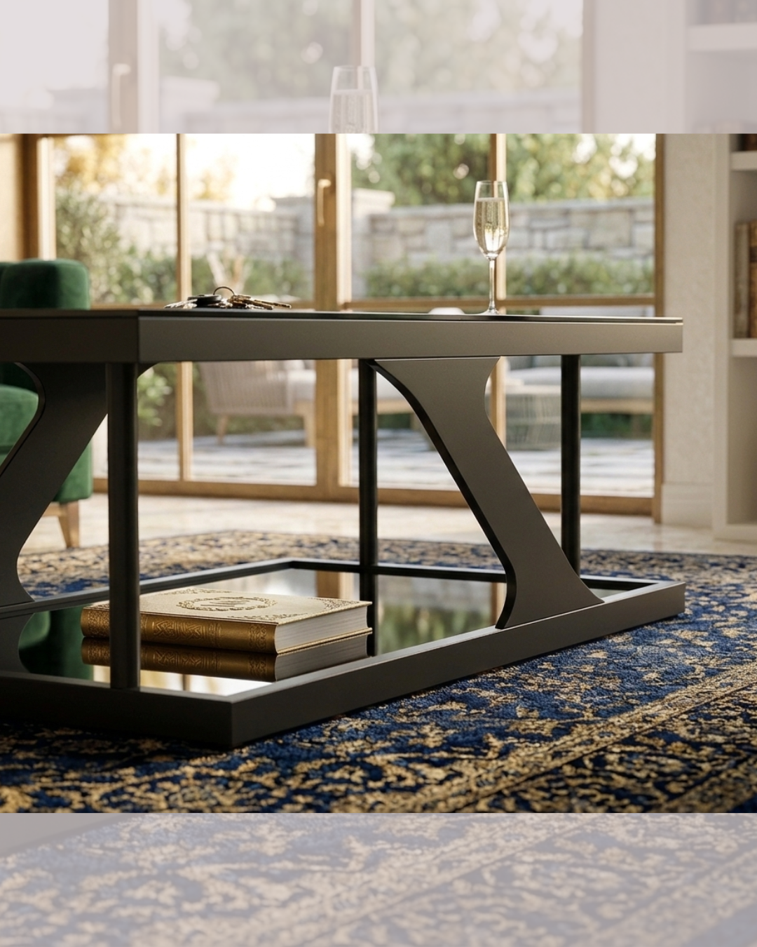 Luxury two-tier black geometric center table with high gloss mirrored surface and matte steel frame
