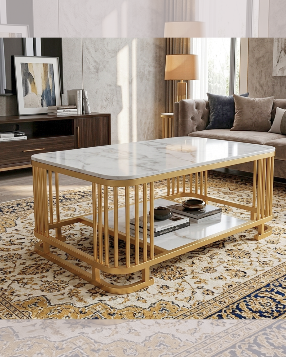 Luxury Marble Coffee Table with gold frame and dual-tier storage shelf in a modern living room setting