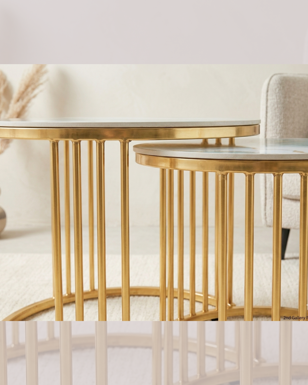 Nesting round marble center table set with ocean blue patterns and polished gold metal rod frames