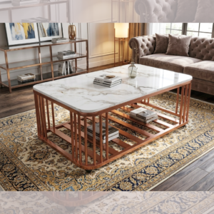 Luxury Copper-Tone Center Table with white marble top, cage-like metal frame, and dual-tier storage shelf